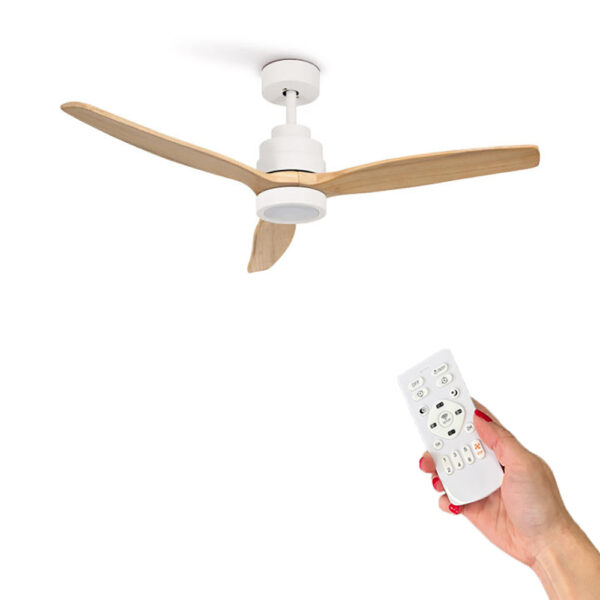 Ventilador de Techo LED 132cm con Mando a Distancia, Motor DC Silencioso, Luz Regulable CCT, Temporizador, Verano/Invierno, Blanco, Aluminio y Color madera(abs) – 12540 m³/h OstarkDom-LEDUNI