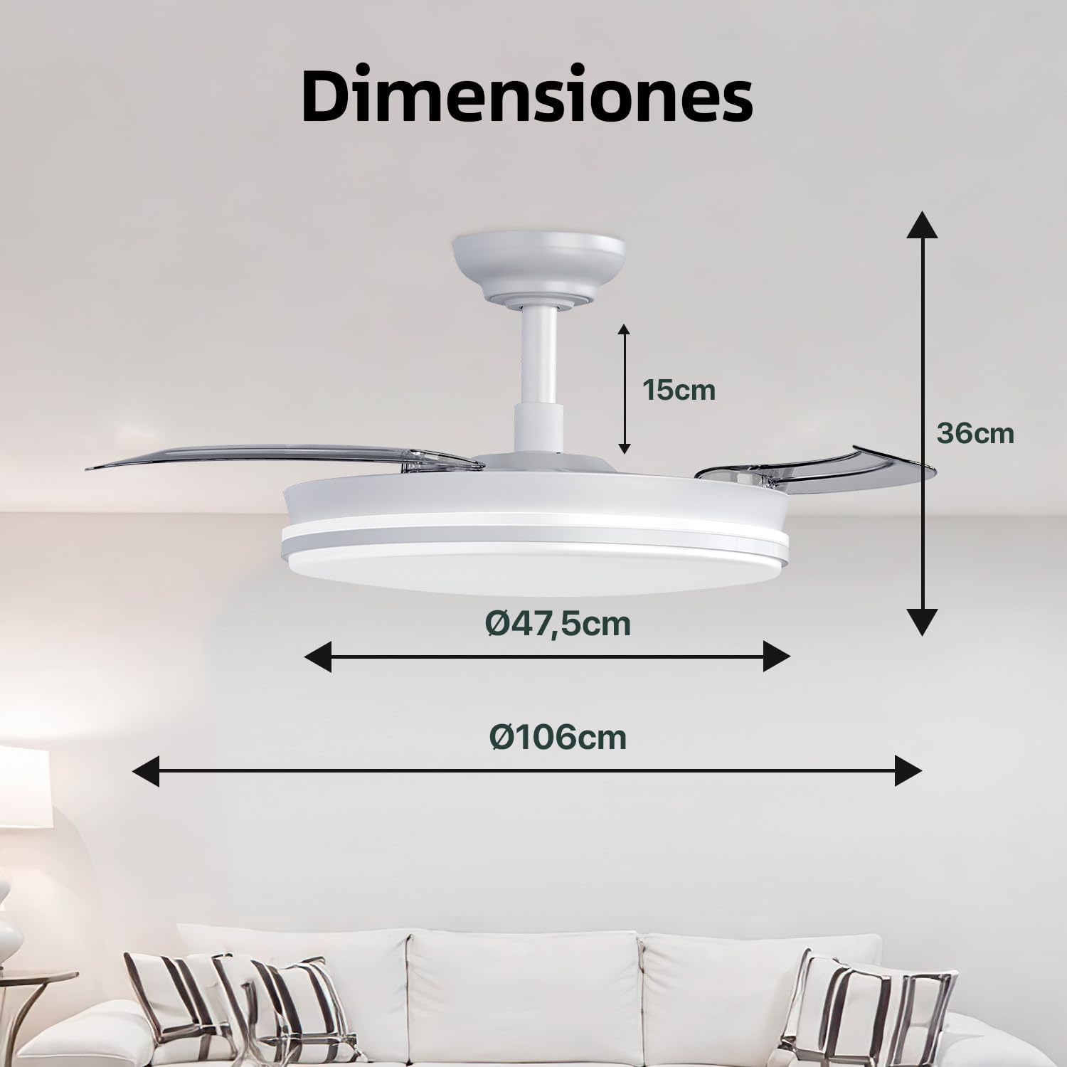 Ventilador de Techo 72W OStarkDom con Luz LED Retráctil 106cm, 3 Aspas, Potencia Total 72W, Sin APP, con Mando a Distancia, Temporizador, 6 Velocidades, 3 Temperaturas de Luz, Función Verano-Invierno, Silencioso, Blanco OstarkDom-leduni - Imagen 8