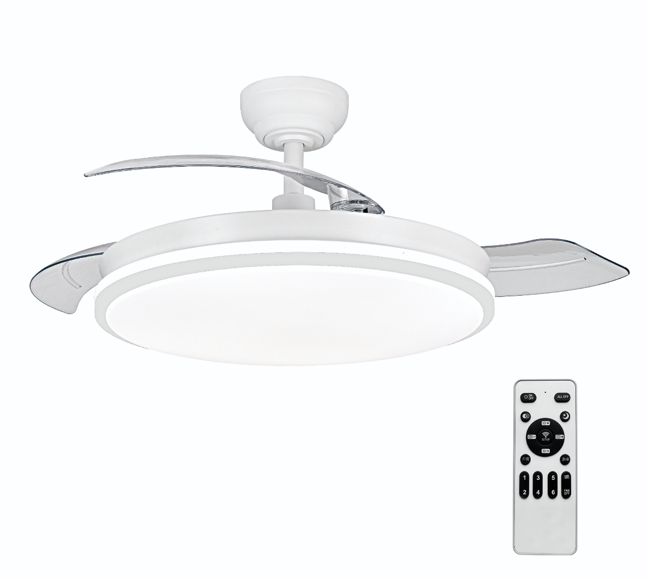 Ventilador de Techo 72W OStarkDom con Luz LED Retráctil 106cm, 3 Aspas, Potencia Total 72W, Sin APP, con Mando a Distancia, Temporizador, 6 Velocidades, 3 Temperaturas de Luz, Función Verano-Invierno, Silencioso, Blanco OstarkDom-leduni - Imagen 4