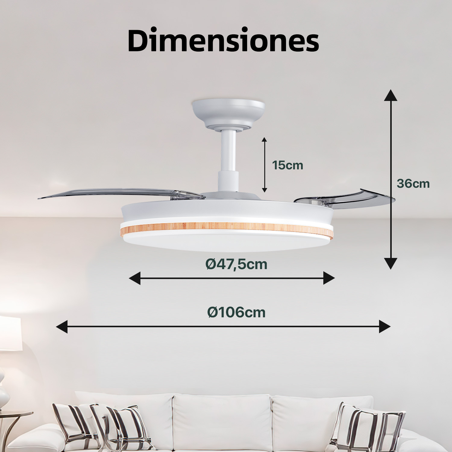 Ventilador de Techo 72W OStarkDom con Luz LED Retráctil 106cm, 3 Aspas, Potencia Total 72W, Sin APP, con Mando a Distancia, Temporizador, 6 Velocidades, 3 Temperaturas de Luz, Función Verano-Invierno, Silencioso, Blanco OstarkDom-leduni - Imagen 6
