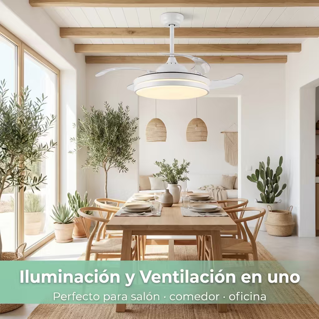 Ventilador de Techo Inteligente con Luz LED Retráctil 42 Pulgadas 106cm, 4 Aspas Transparentes, Potencia Total 85W, APP y Mando a Distancia, 6 Velocidades, Temporizador, 3 Temperaturas de Luz 3000K-6000K, Motor DC Silencioso Reversible, Blanco - Imagen 7