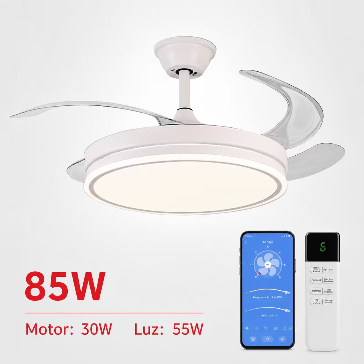 Ventilador de Techo Inteligente con Luz LED Retráctil 42 Pulgadas 106cm, 4 Aspas Transparentes, Potencia Total 85W, APP y Mando a Distancia, 6 Velocidades, Temporizador, 3 Temperaturas de Luz 3000K-6000K, Motor DC Silencioso Reversible, Blanco