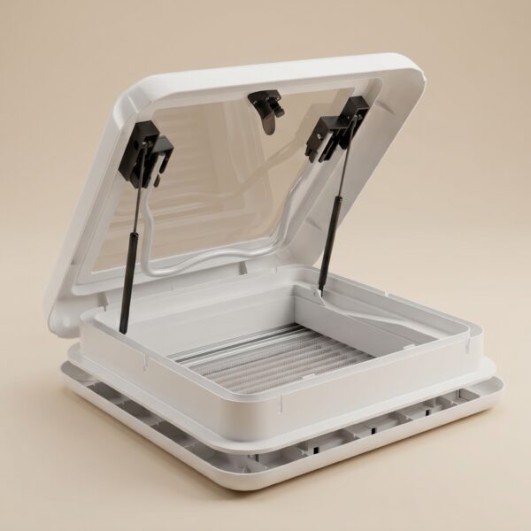 Claraboya de Techo para Autocaravana y Caravana, Apertura Manual hasta 60°, Mosquitera y Persiana Opaca, Cúpula Acrílica Doble Capa UV, Ventilación Permanente 150 cm²