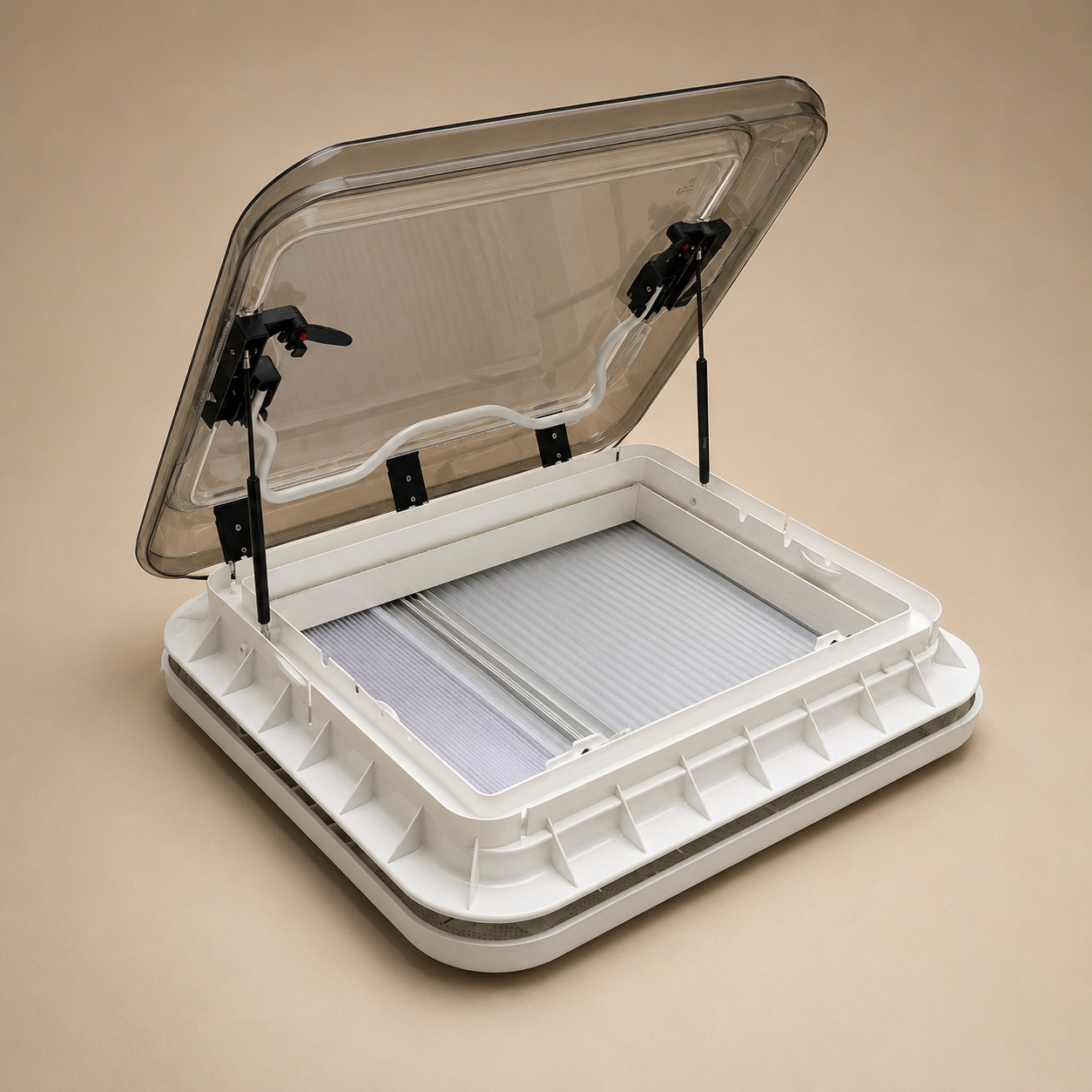 Ventana de Techo para Caravana, 700*500 claraboya homologado 43R con Luz LED, Mosquitera y Oscurecedor, Apertura Manual hasta 60°, Doble Cúpula Acrílica con Ventilación Permanente - Imagen 3