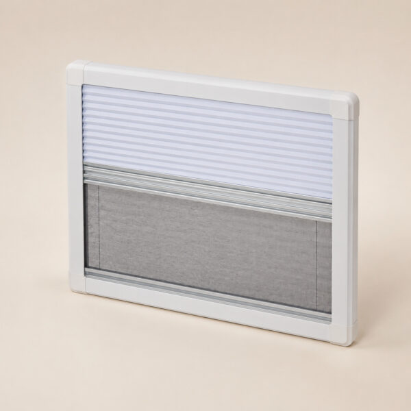 Estor plisado, tejido opaco oscurecedor, mosquitera integrada, posicionamiento libre, marco de aluminio