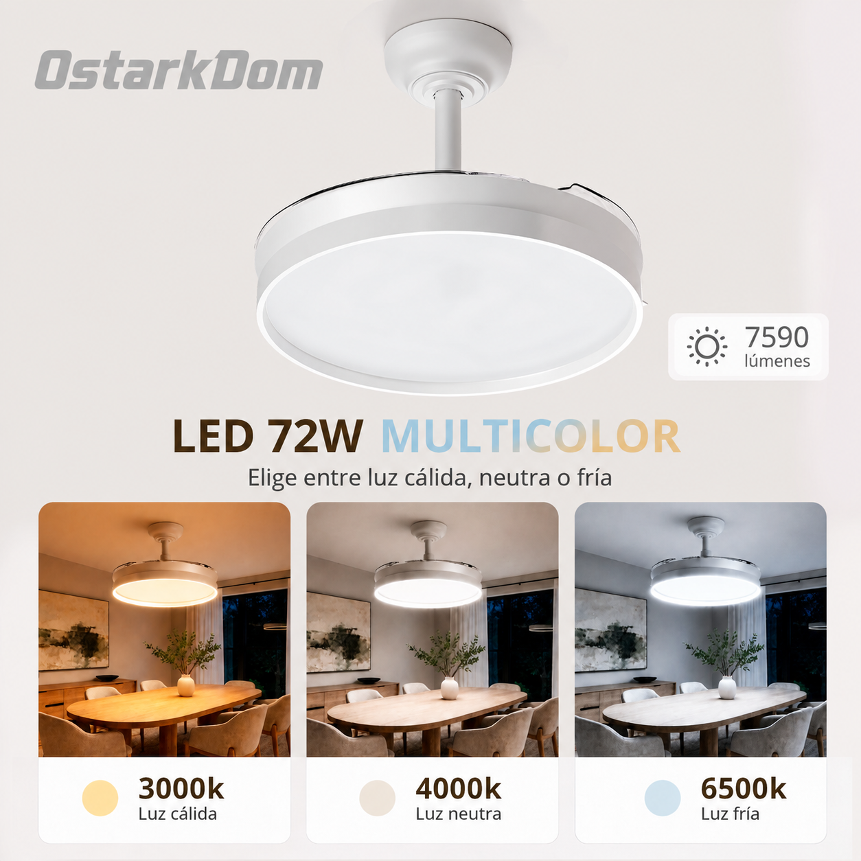 OstarkDom Ventilador de techo con control por voz, luz LED de 72 W y aspas retráctiles, 106 cm - Imagen 5